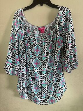 Women’s Geometric prints Off Shoulder Top in Black, White ,red & Teal Sz 3X boho